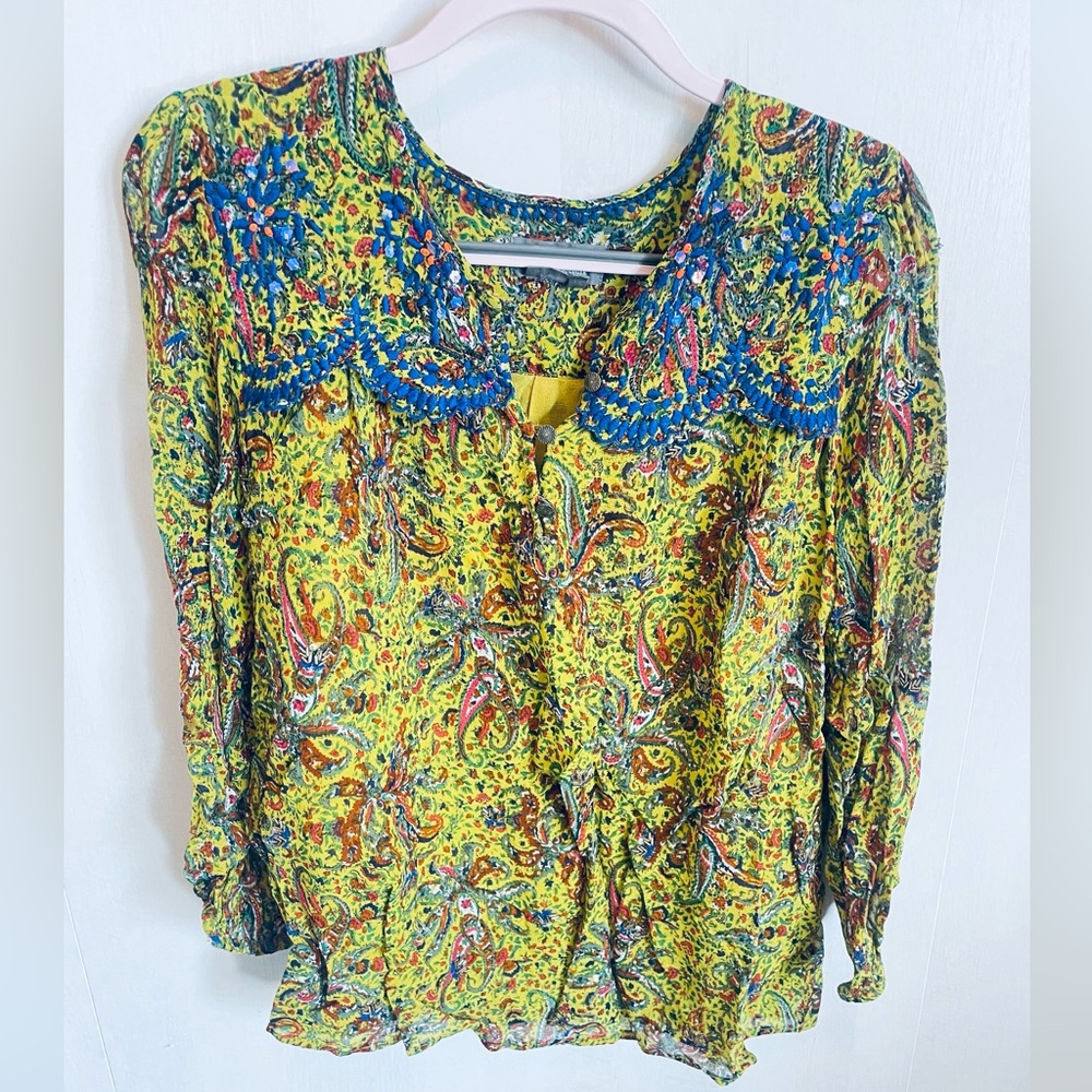Anthropology yellow and blue blouse with buttons